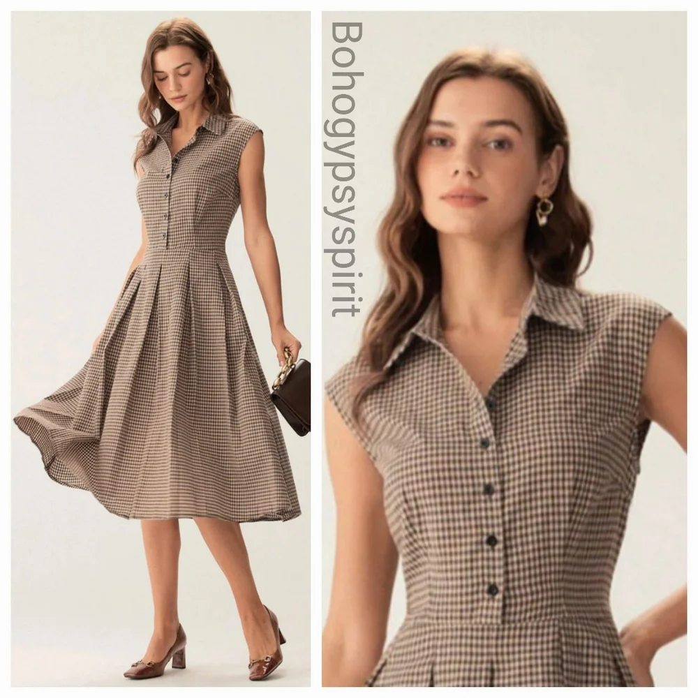 NWT Rihoas Brown Plaid Button Pleated Midi Dress - Picture 3 of 17